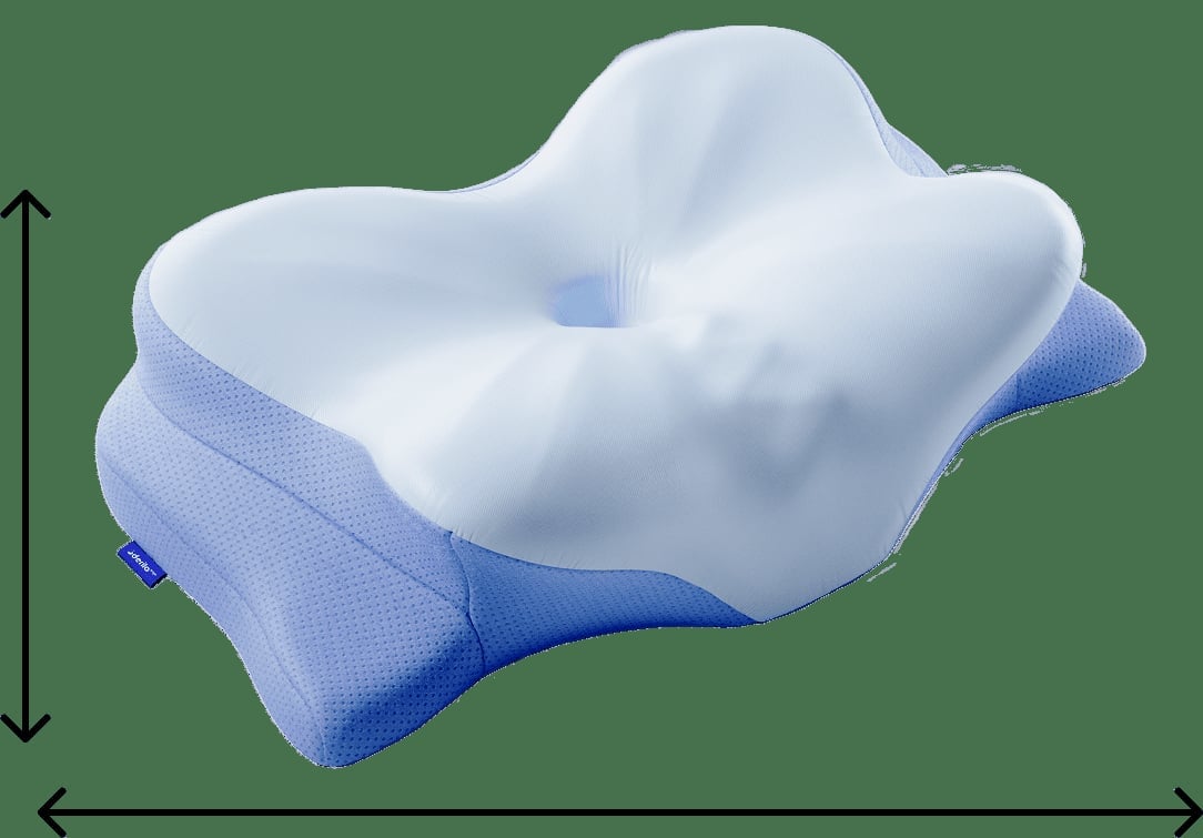 The Derila Ergo contoured butterfly memory foam pillow with a white memory foam top and a blue mesh base, shown in three-quarter perspective